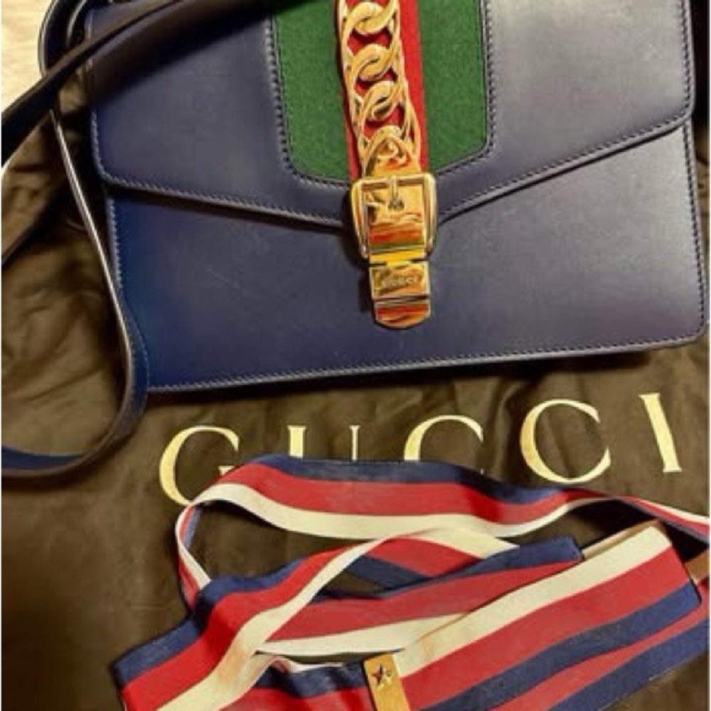 Gucci Navy and Green Crossbody Bag with Gold Accent